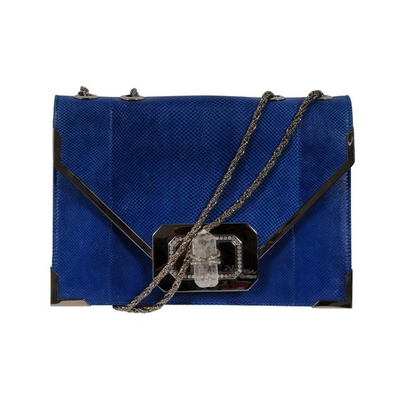 Marchesa Valentina Crystal Shoulder Bag Blue Snakeskin Leather  Python Silver - Picture 1 of 16